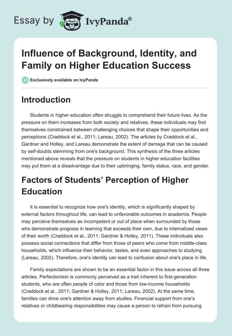 Influence of Background, Identity, and Family on Higher Education Success. Page 1