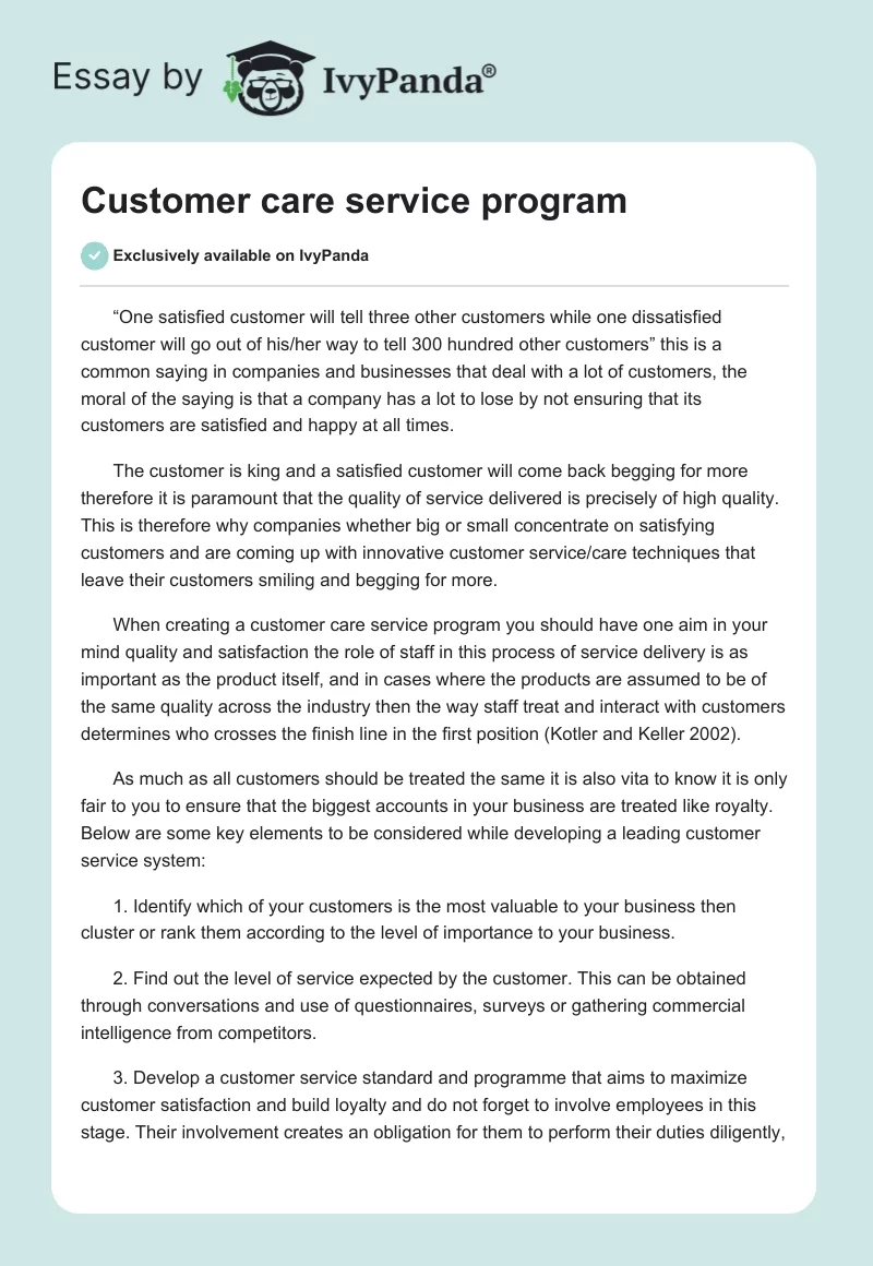 Customer care service program. Page 1