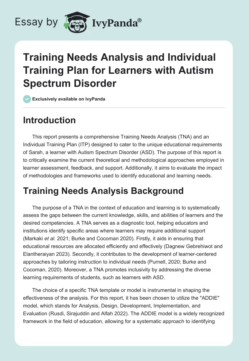 Training Needs Analysis and Individual Training Plan for Learners with Autism Spectrum Disorder. Page 1