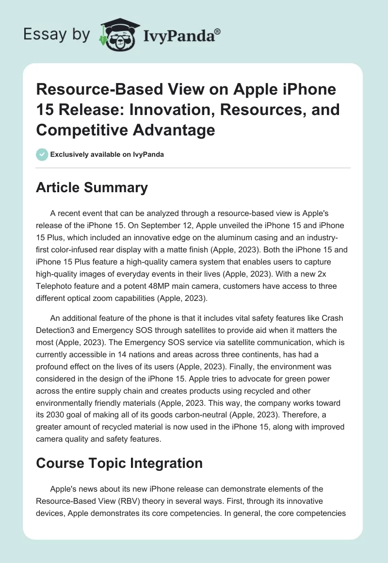 Resource-Based View on Apple iPhone 15 Release: Innovation, Resources, and Competitive Advantage. Page 1
