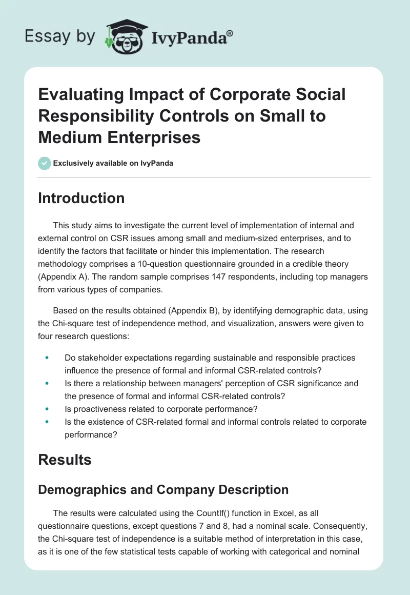 Evaluating Impact of Corporate Social Responsibility Controls on Small to Medium Enterprises. Page 1