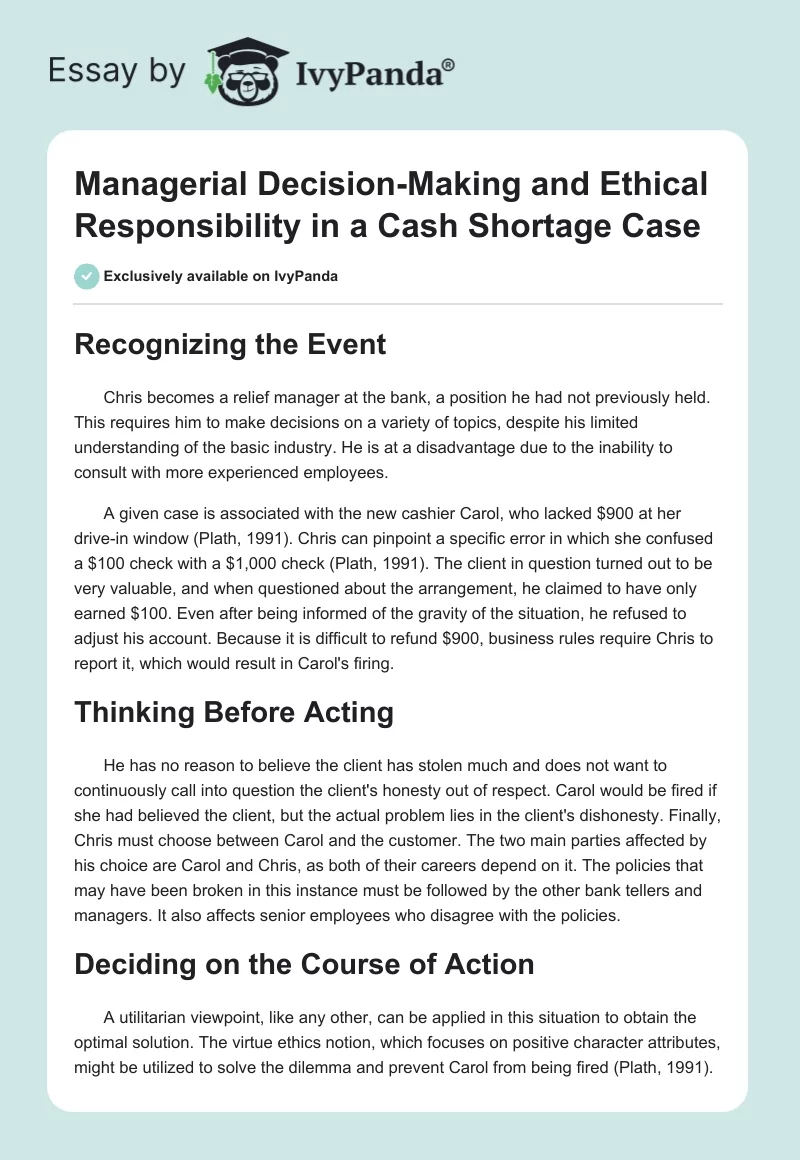 Managerial Decision-Making and Ethical Responsibility in a Cash Shortage Case. Page 1