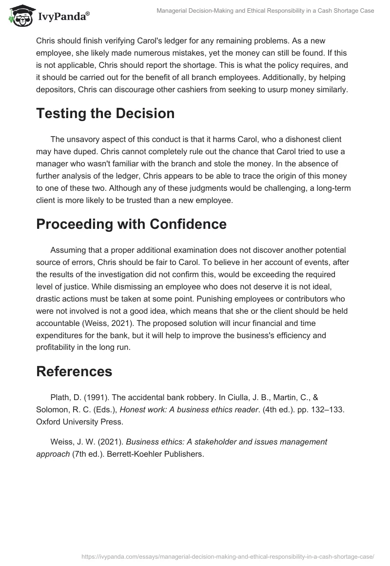 Managerial Decision-Making and Ethical Responsibility in a Cash Shortage Case. Page 2