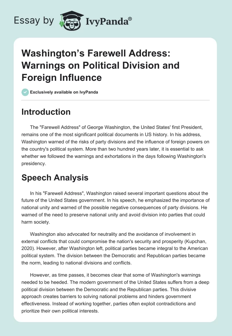 Washington’s Farewell Address: Warnings on Political Division and Foreign Influence. Page 1