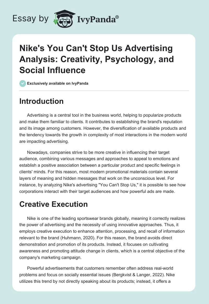 Nike's "You Can't Stop Us" Advertising Analysis: Creativity, Psychology, and Social Influence. Page 1
