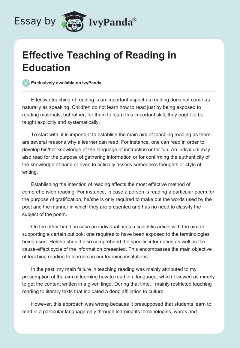 Effective Teaching of Reading in Education. Page 1