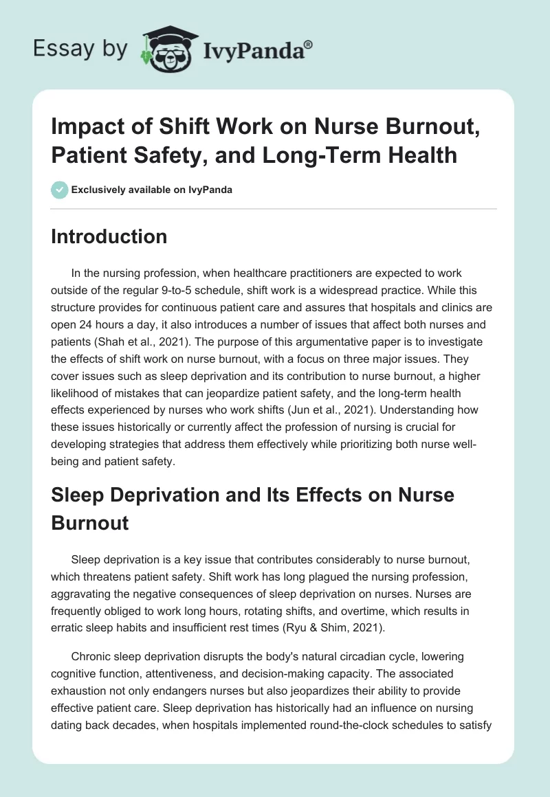 Impact of Shift Work on Nurse Burnout, Patient Safety, and Long-Term Health. Page 1