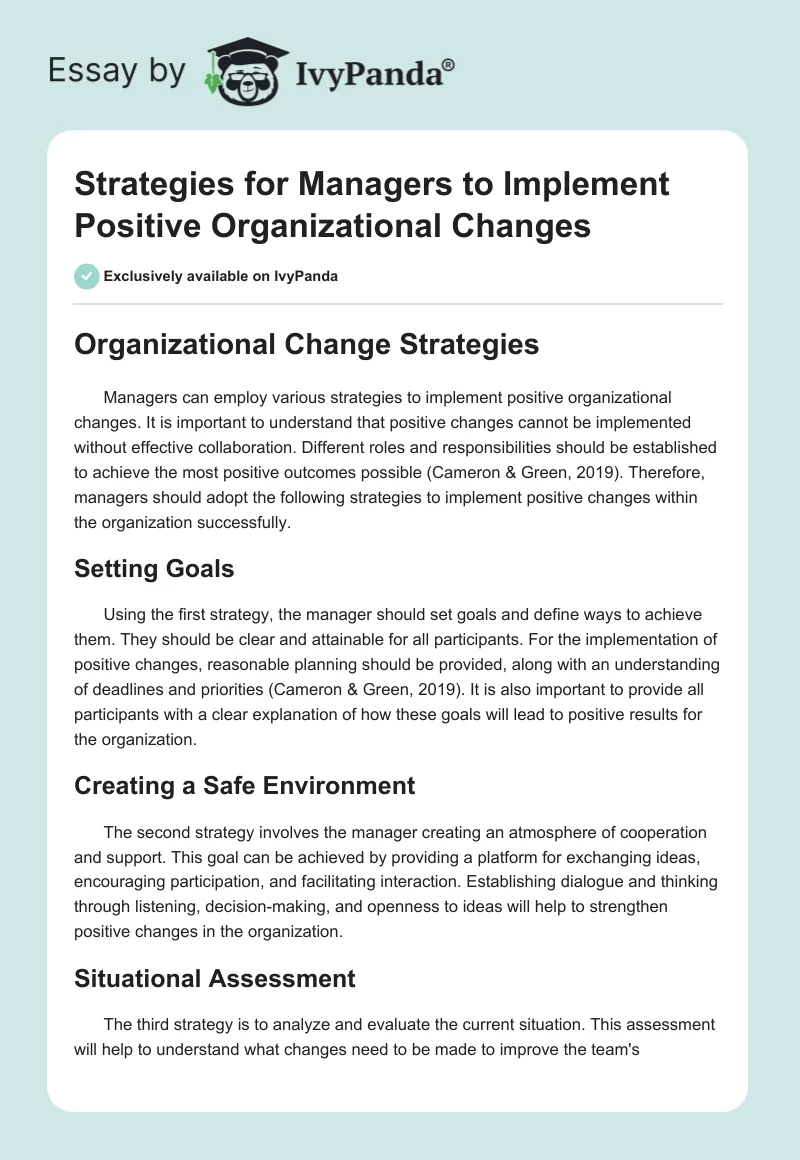 Strategies for Managers to Implement Positive Organizational Changes. Page 1