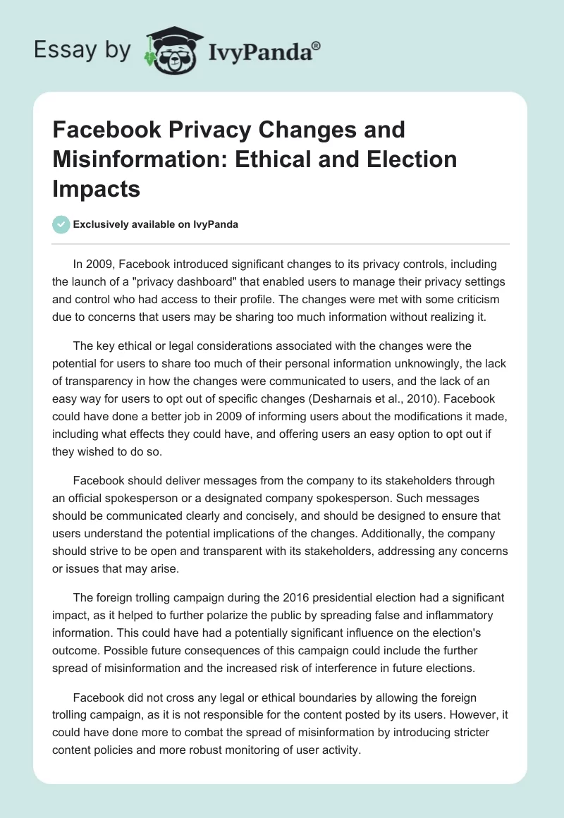 Facebook Privacy Changes and Misinformation: Ethical and Election Impacts. Page 1