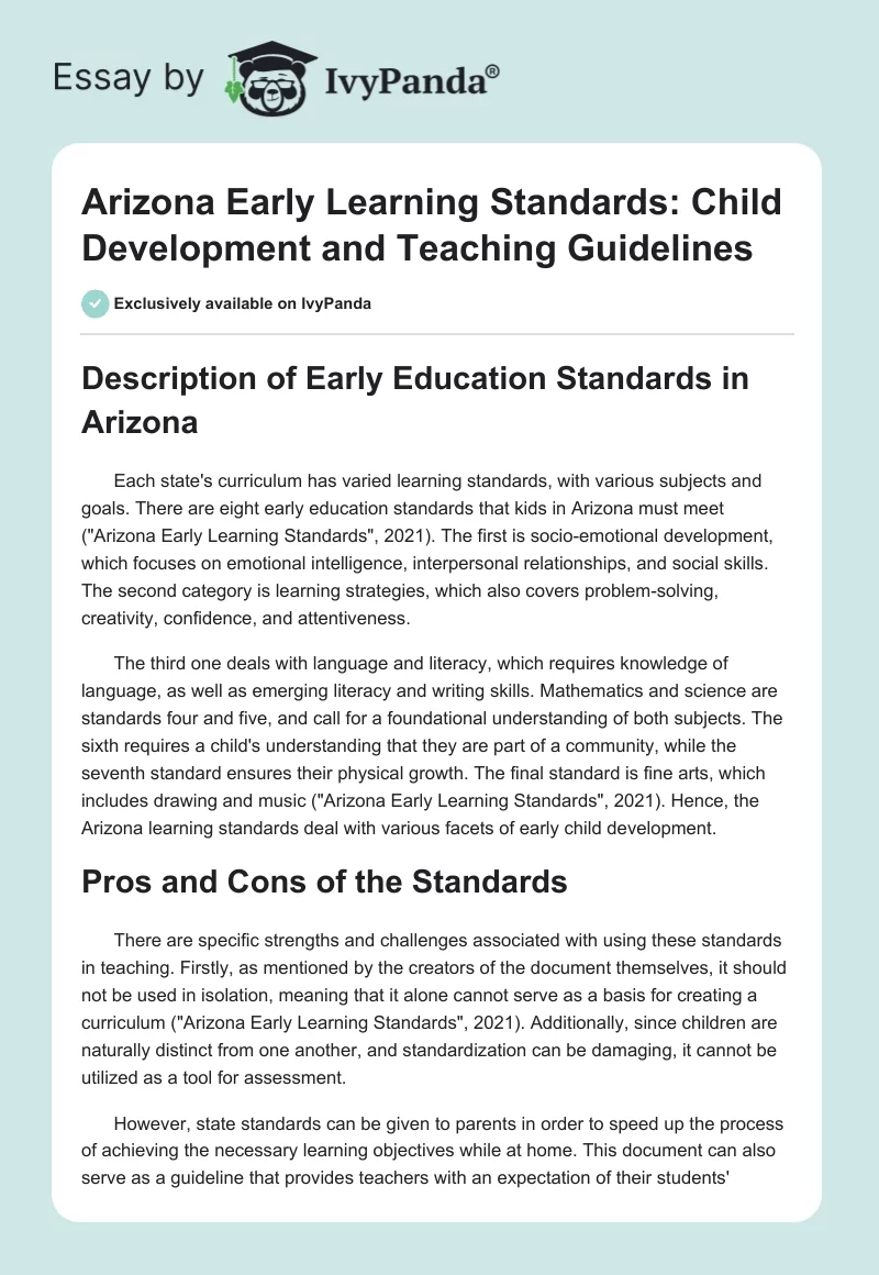 Arizona Early Learning Standards: Child Development and Teaching Guidelines. Page 1