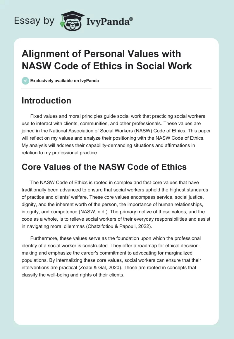 Alignment of Personal Values with NASW Code of Ethics in Social Work. Page 1
