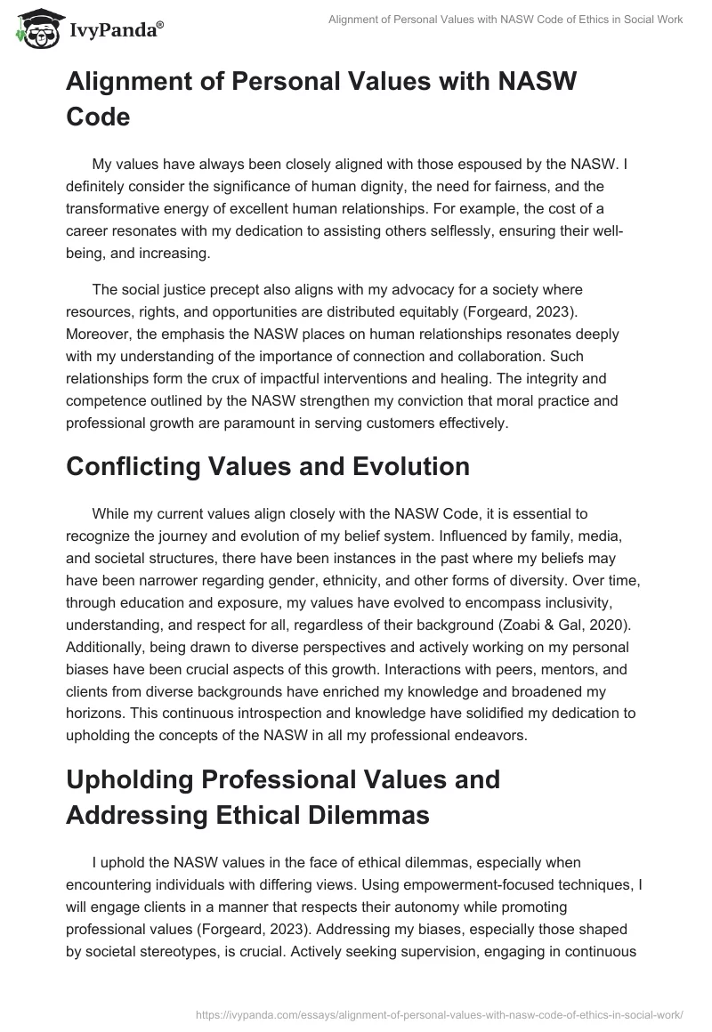 Alignment of Personal Values with NASW Code of Ethics in Social Work. Page 2
