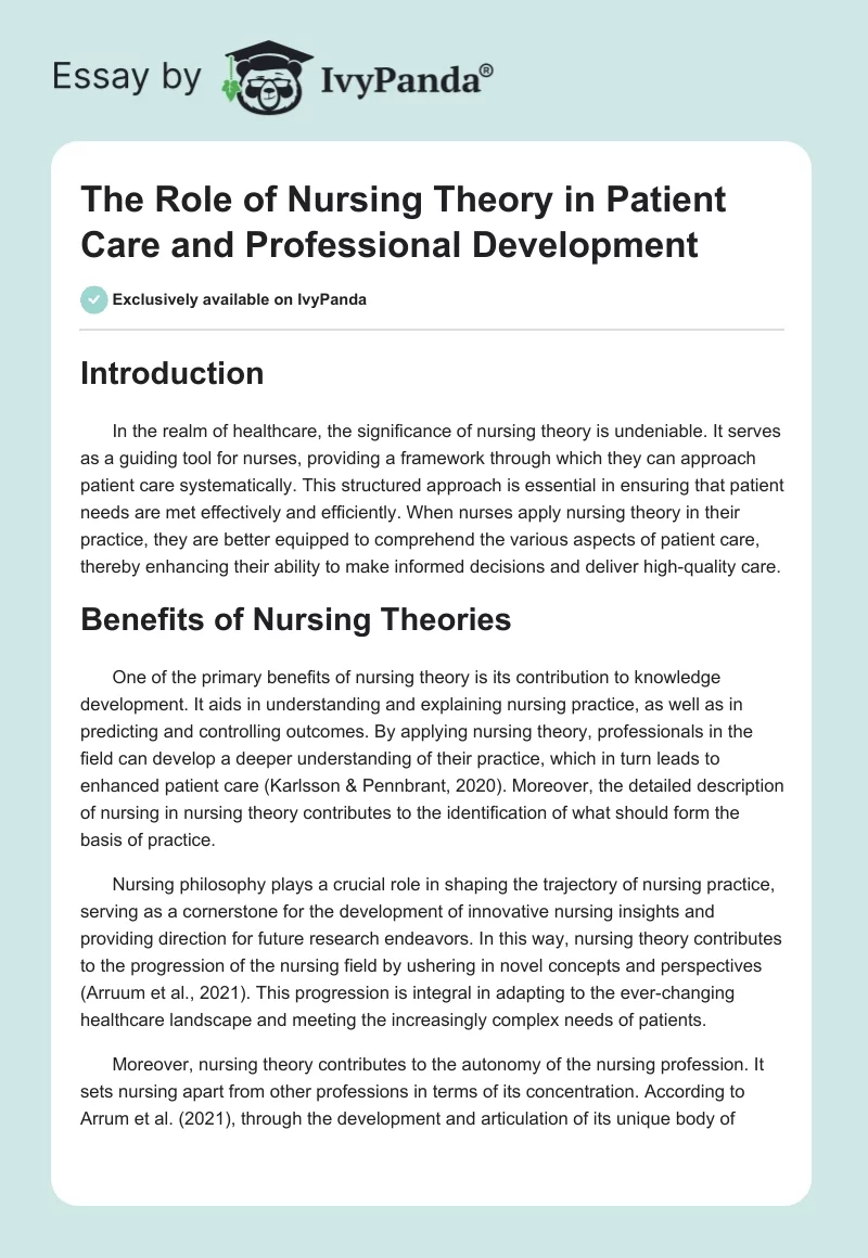 The Role of Nursing Theory in Patient Care and Professional Development. Page 1