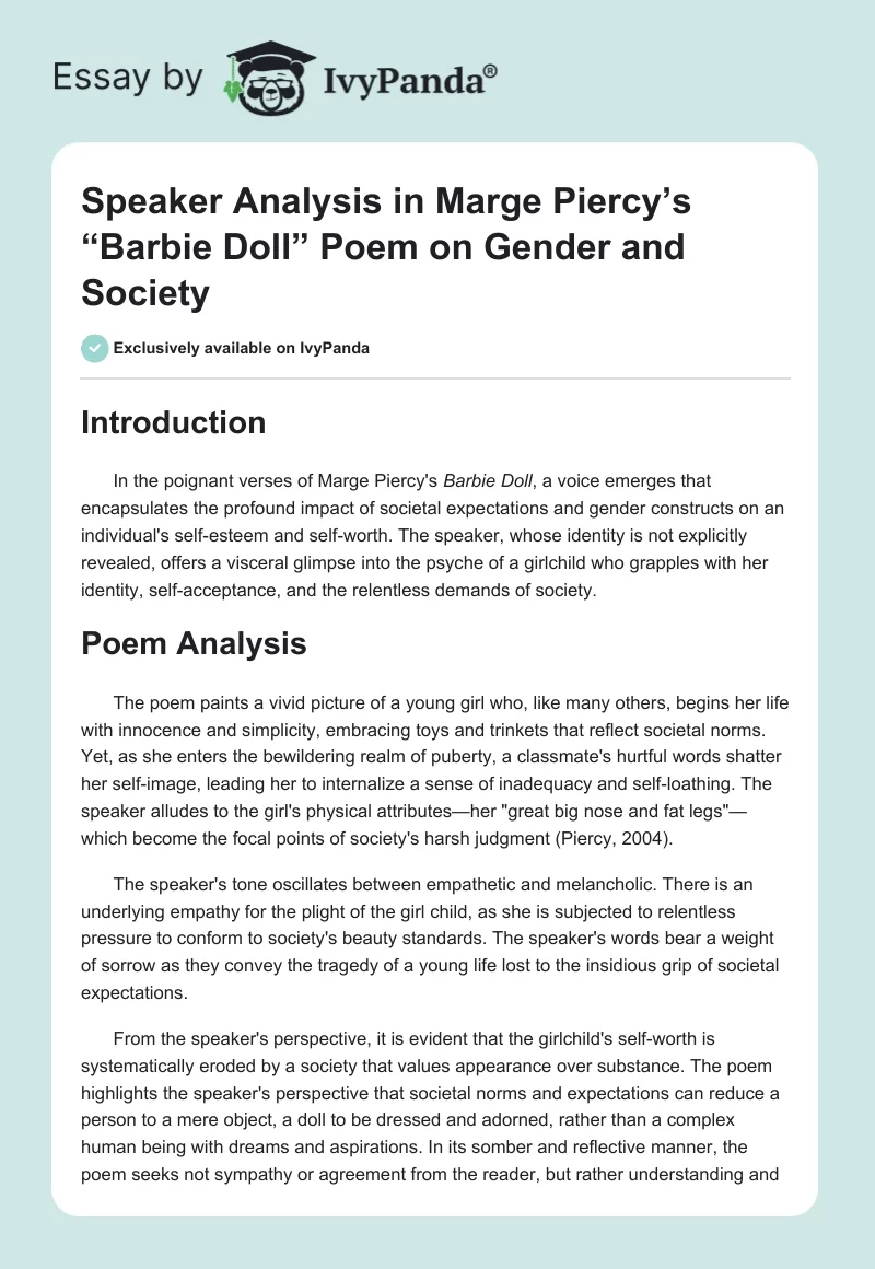 Speaker Analysis in Marge Piercy’s “Barbie Doll” Poem on Gender and Society. Page 1