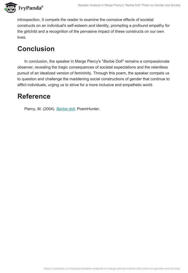 Speaker Analysis in Marge Piercy’s “Barbie Doll” Poem on Gender and Society. Page 2