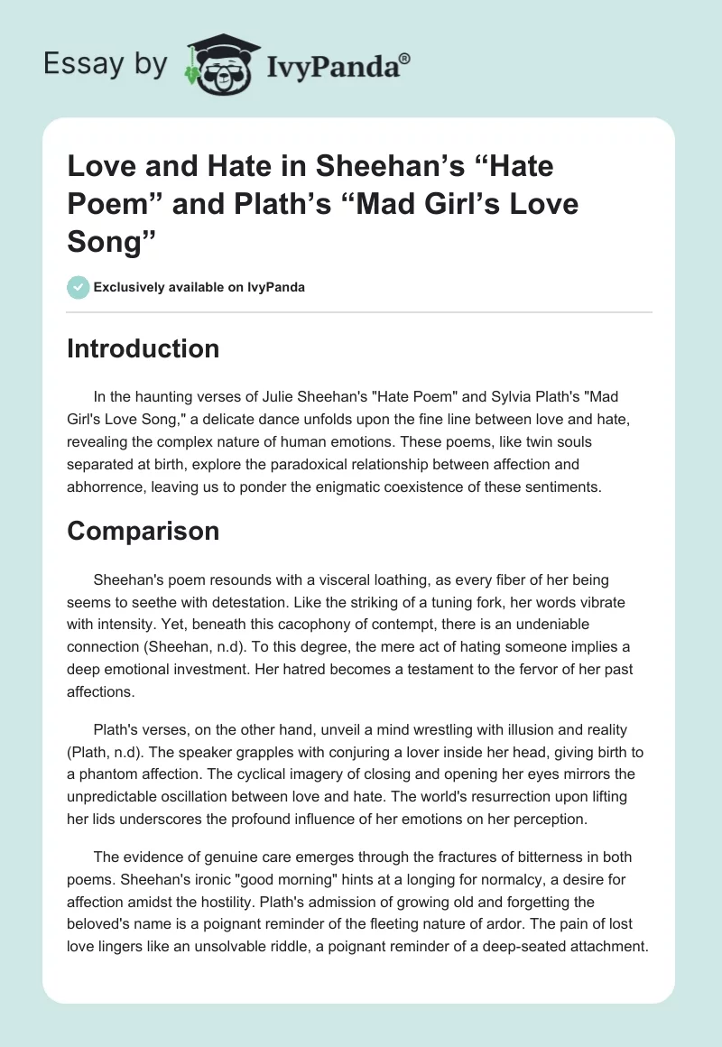 Love and Hate in Sheehan’s “Hate Poem” and Plath’s “Mad Girl’s Love Song”. Page 1
