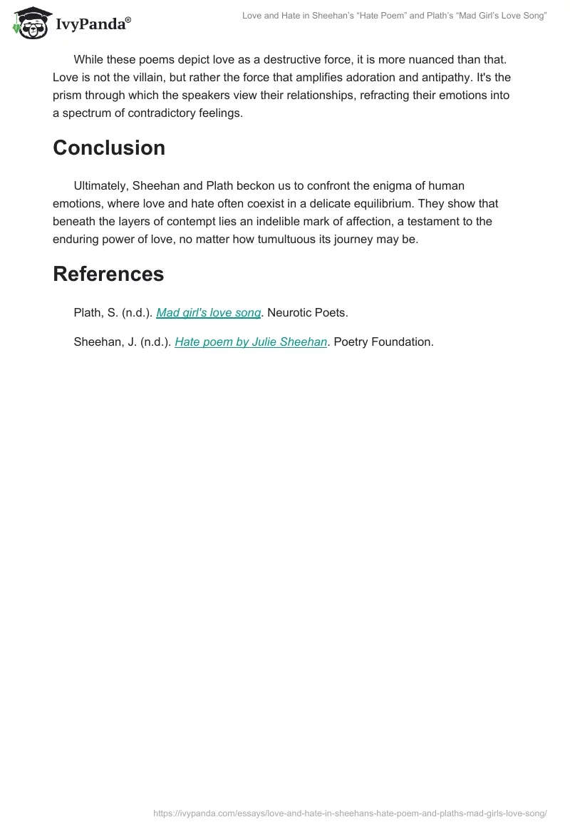 Love and Hate in Sheehan’s “Hate Poem” and Plath’s “Mad Girl’s Love Song”. Page 2