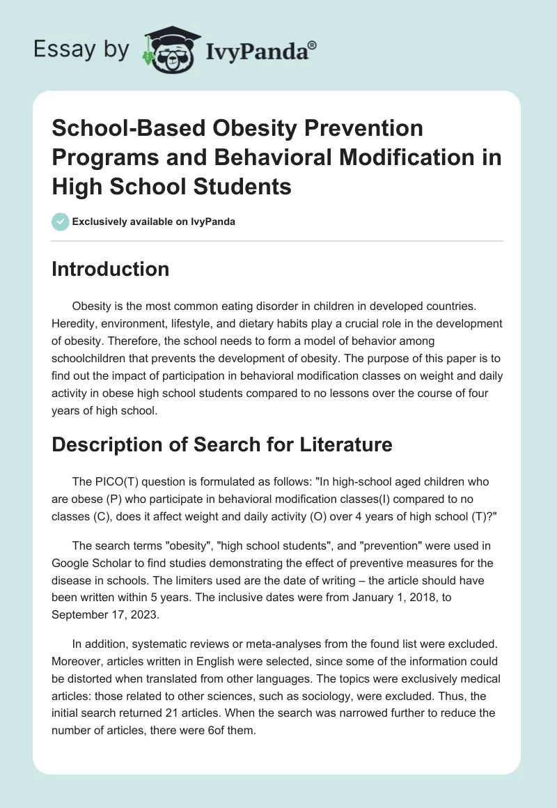 School-Based Obesity Prevention Programs and Behavioral Modification in High School Students. Page 1