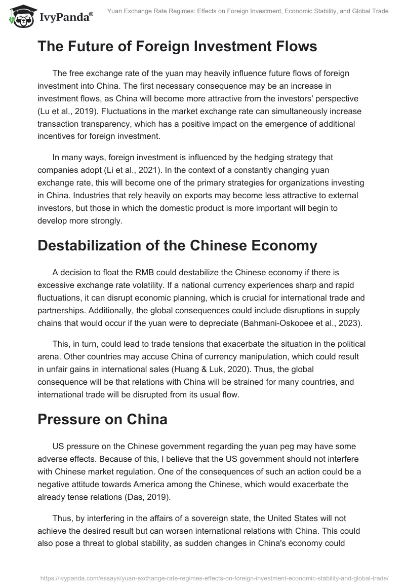 Yuan Exchange Rate Regimes: Effects on Foreign Investment, Economic Stability, and Global Trade. Page 2