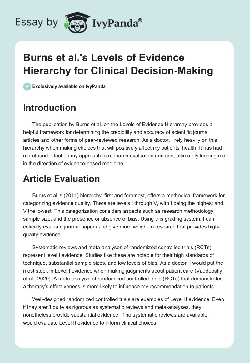 Burns et al.'s Levels of Evidence Hierarchy for Clinical Decision-Making. Page 1
