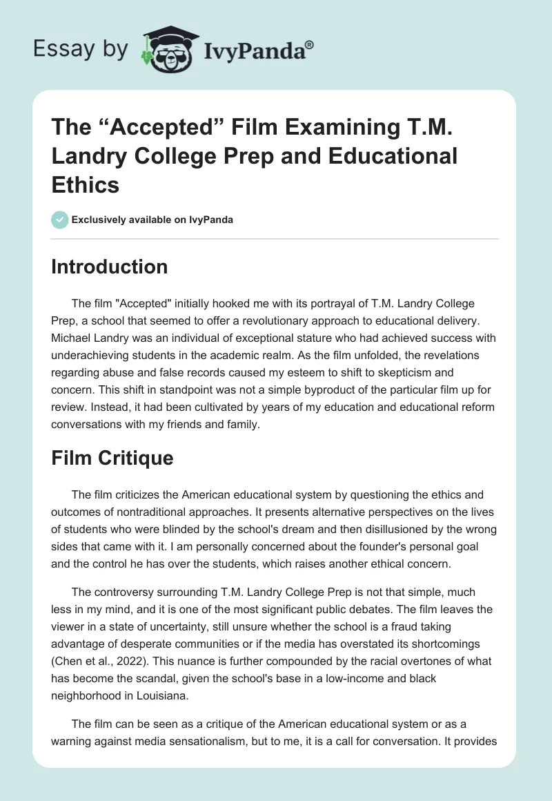 The “Accepted” Film Examining T.M. Landry College Prep and Educational Ethics. Page 1