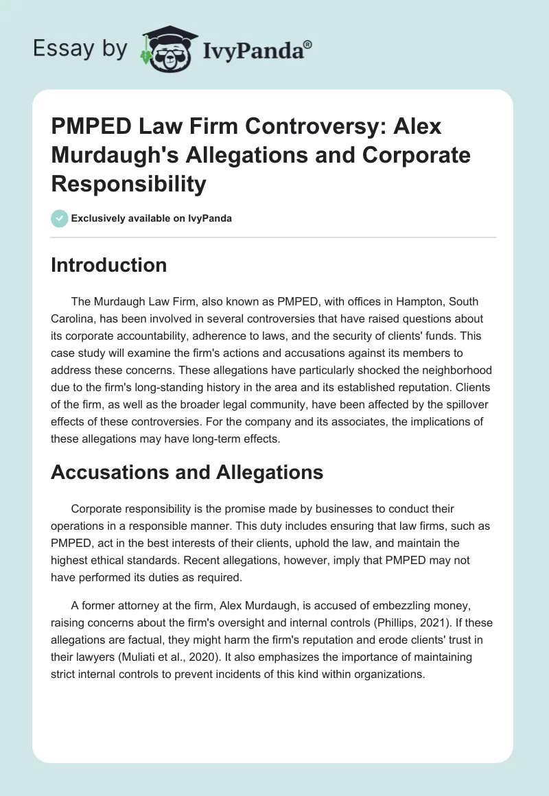 PMPED Law Firm Controversy: Alex Murdaugh's Allegations and Corporate Responsibility. Page 1