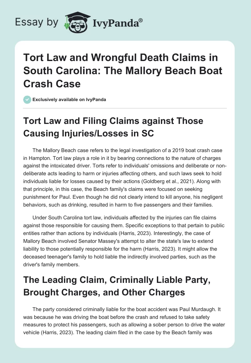 Tort Law and Wrongful Death Claims in South Carolina: The Mallory Beach Boat Crash Case. Page 1