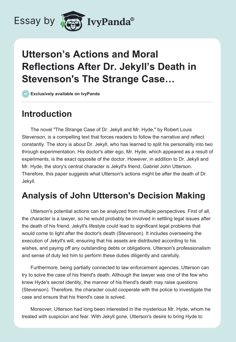 Utterson’s Actions and Moral Reflections After Dr. Jekyll’s Death in Stevenson's "The Strange Case…". Page 1