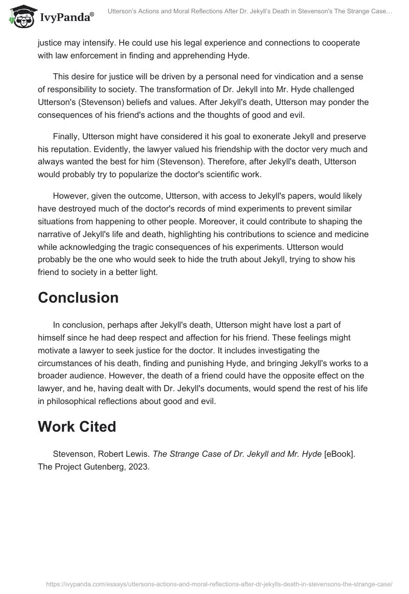 Utterson’s Actions and Moral Reflections After Dr. Jekyll’s Death in Stevenson's "The Strange Case…". Page 2