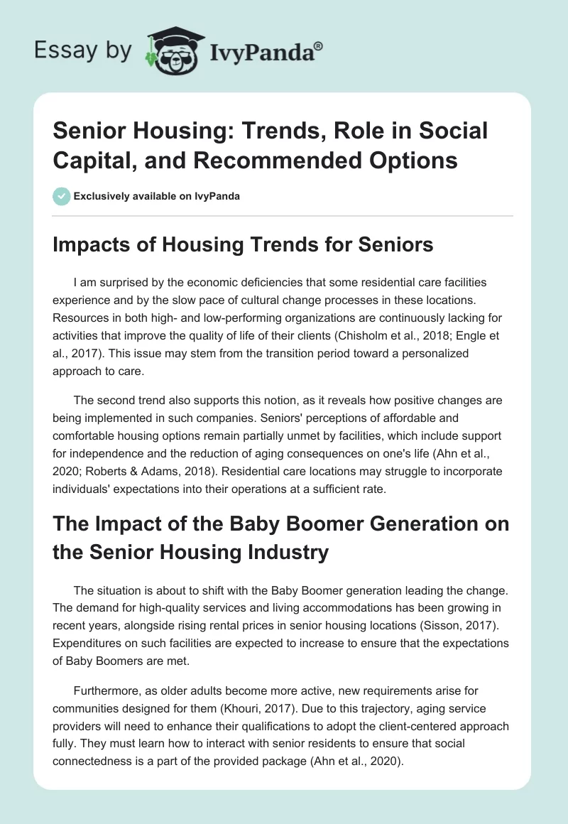 Senior Housing: Trends, Role in Social Capital, and Recommended Options. Page 1