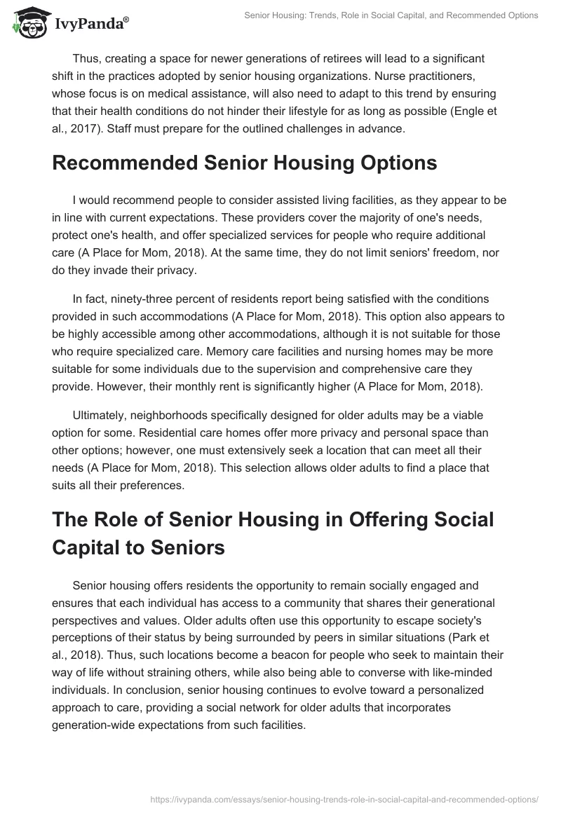 Senior Housing: Trends, Role in Social Capital, and Recommended Options. Page 2