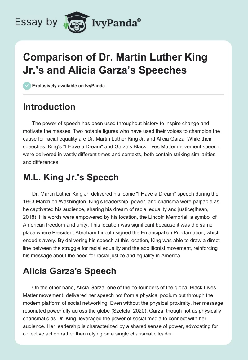 Comparison of Dr. Martin Luther King Jr.’s and Alicia Garza’s Speeches. Page 1