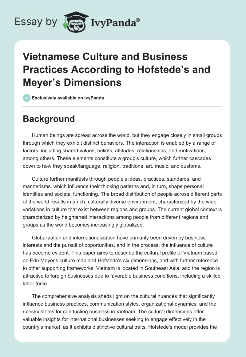 Vietnamese Culture and Business Practices According to Hofstede’s and Meyer’s Dimensions. Page 1