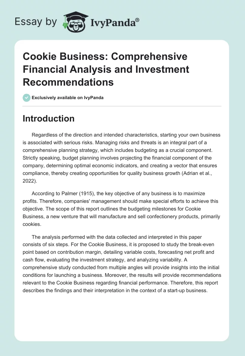 Cookie Business: Comprehensive Financial Analysis and Investment Recommendations. Page 1