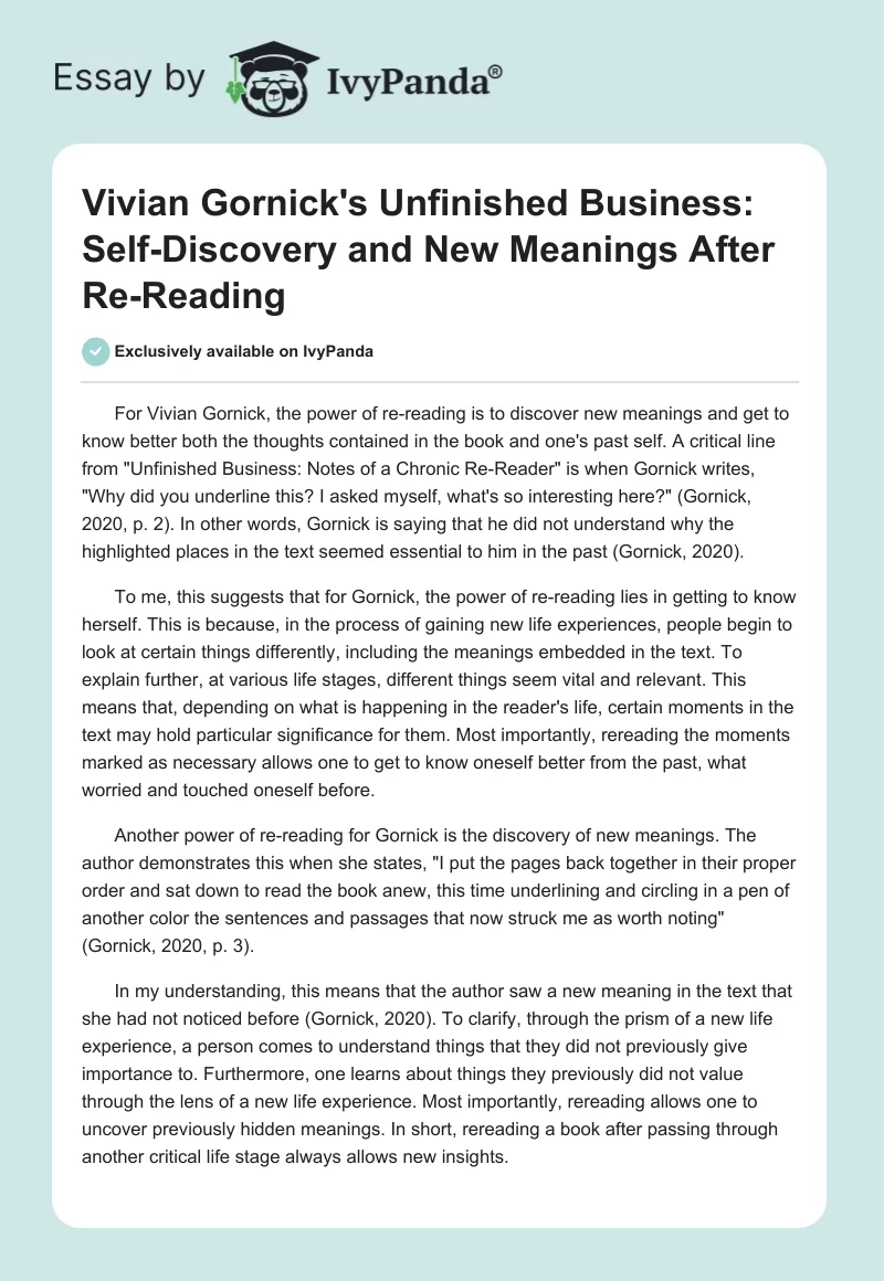 Vivian Gornick's "Unfinished Business": Self-Discovery and New Meanings After Re-Reading. Page 1