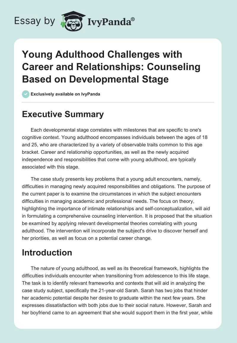 Young Adulthood Challenges with Career and Relationships: Counseling Based on Developmental Stage. Page 1
