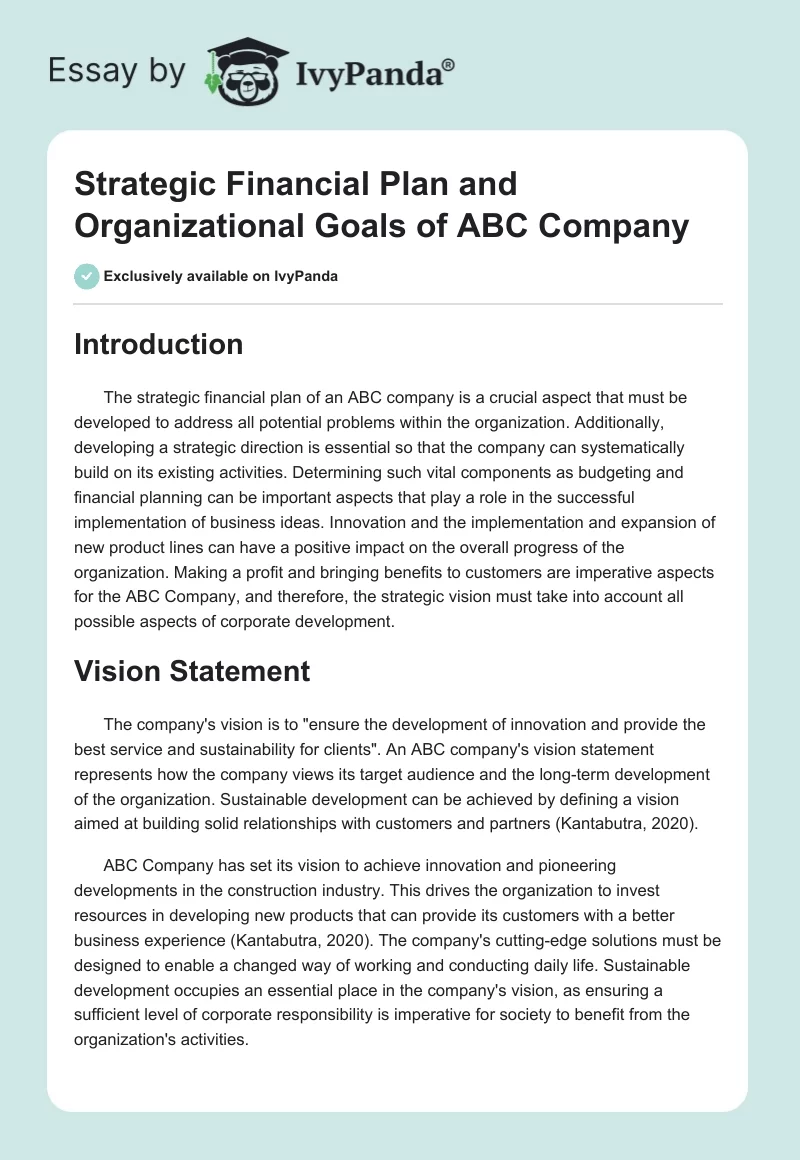 Strategic Financial Plan and Organizational Goals of ABC Company. Page 1