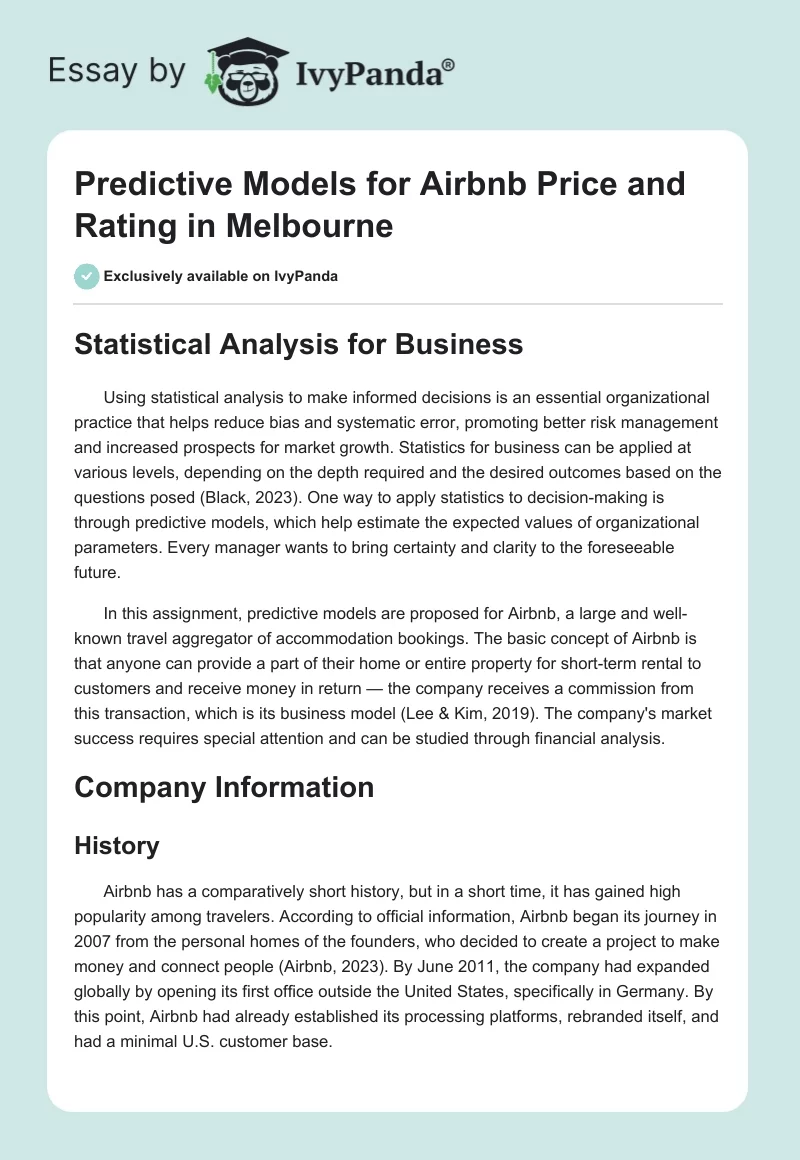 Predictive Models for Airbnb Price and Rating in Melbourne. Page 1