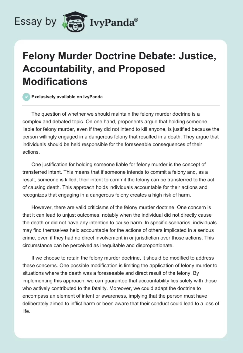 Felony Murder Doctrine Debate: Justice, Accountability, and Proposed Modifications. Page 1
