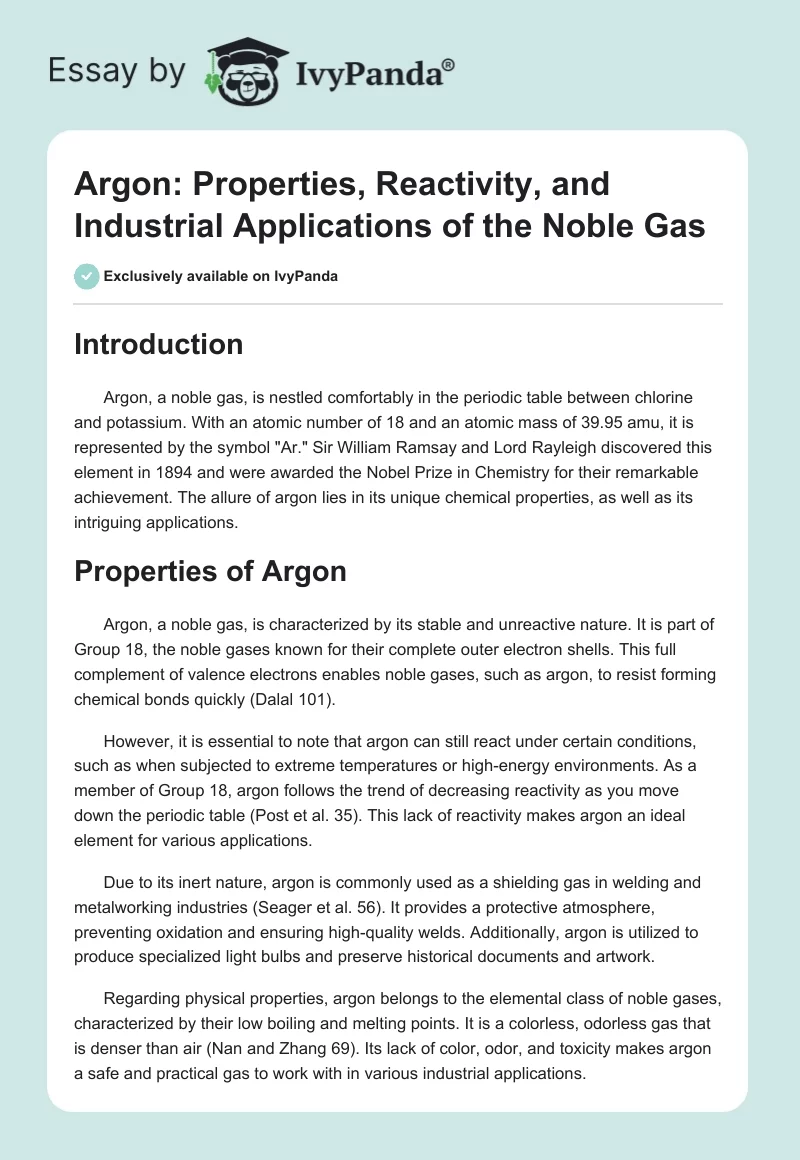 Argon: Properties, Reactivity, and Industrial Applications of the Noble Gas. Page 1