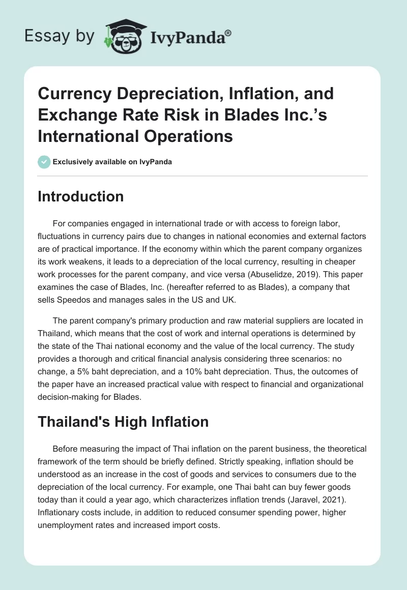 Currency Depreciation, Inflation, and Exchange Rate Risk in Blades Inc.’s International Operations. Page 1