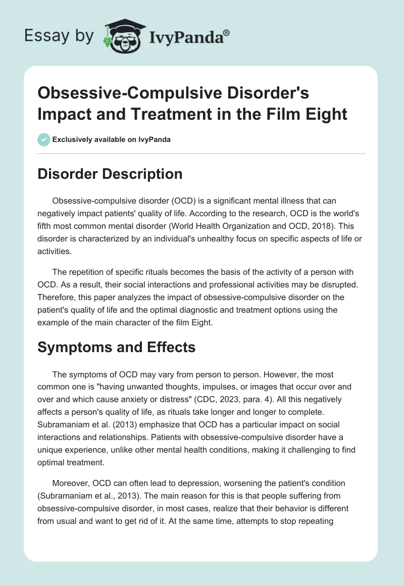 Obsessive-Compulsive Disorder's Impact and Treatment in the Film Eight. Page 1