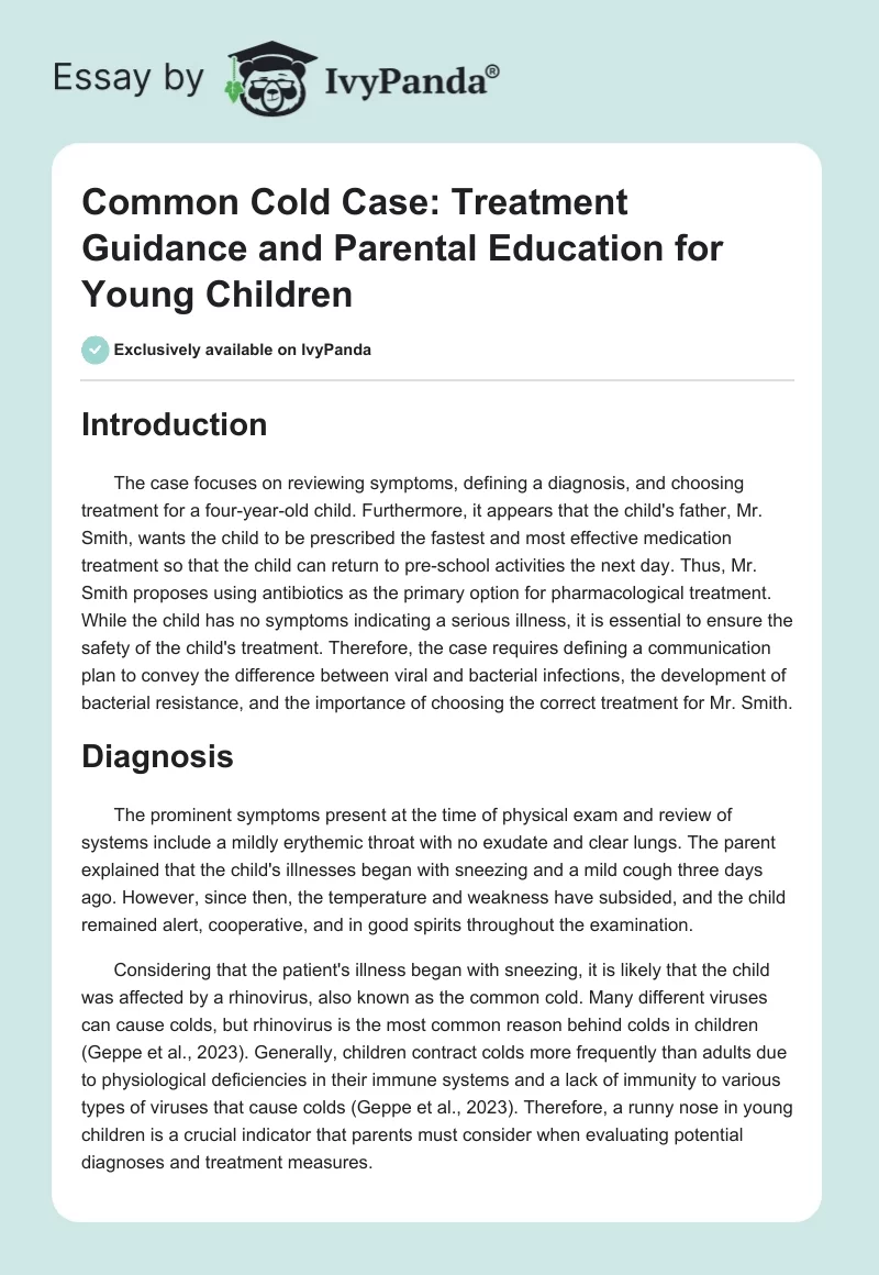 Common Cold Case: Treatment Guidance and Parental Education for Young Children. Page 1