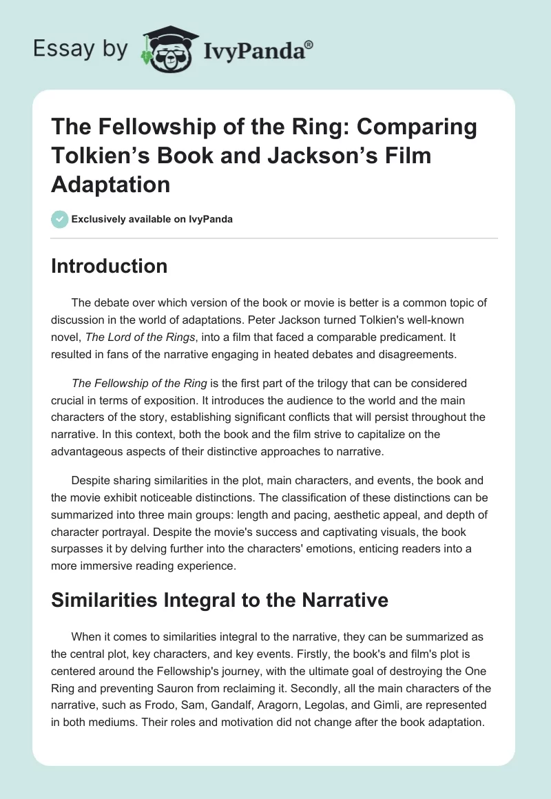 The Fellowship of the Ring: Comparing Tolkien’s Book and Jackson’s Film Adaptation. Page 1