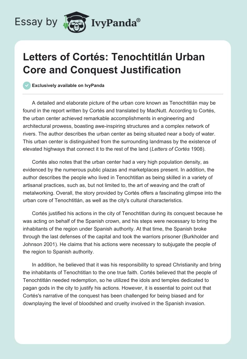Letters of Cortés: Tenochtitlán Urban Core and Conquest Justification. Page 1