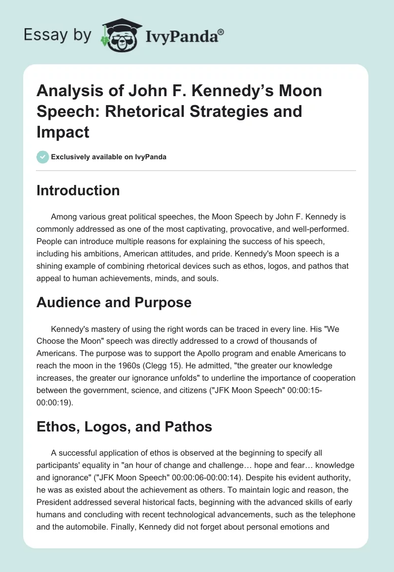 Analysis of John F. Kennedy’s Moon Speech: Rhetorical Strategies and Impact. Page 1