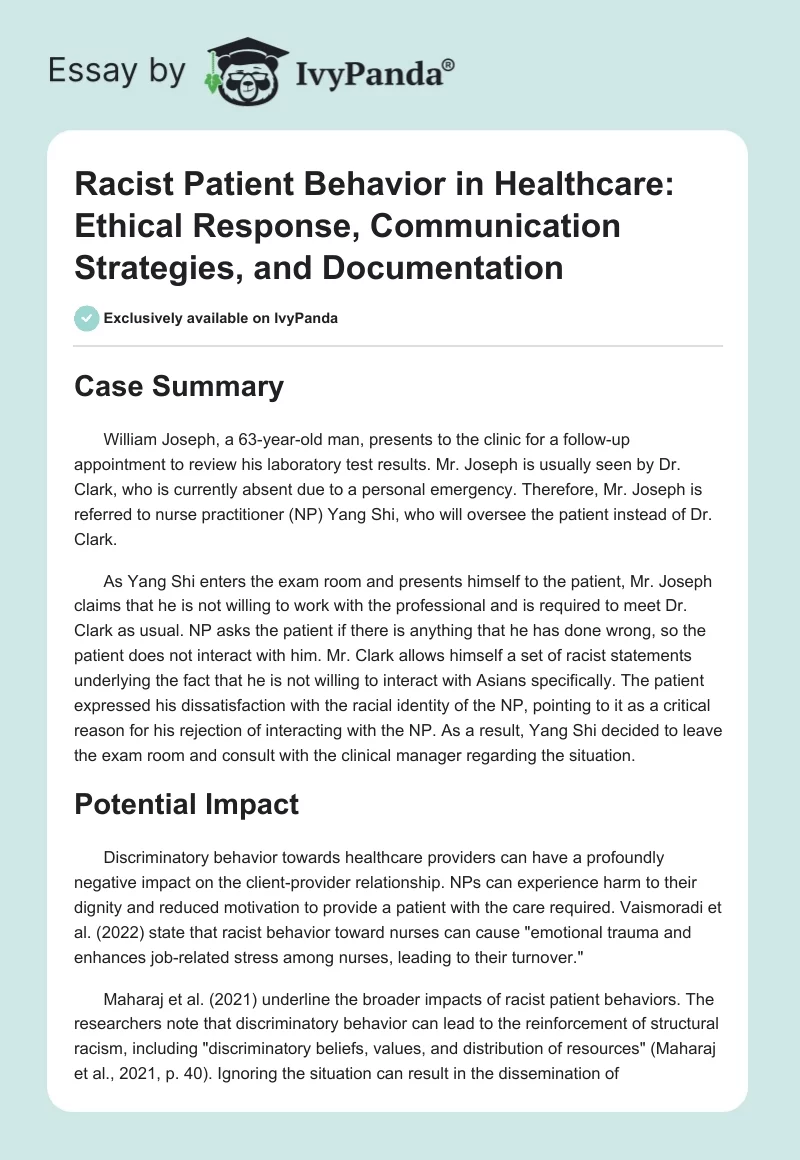 Racist Patient Behavior in Healthcare: Ethical Response, Communication Strategies, and Documentation. Page 1