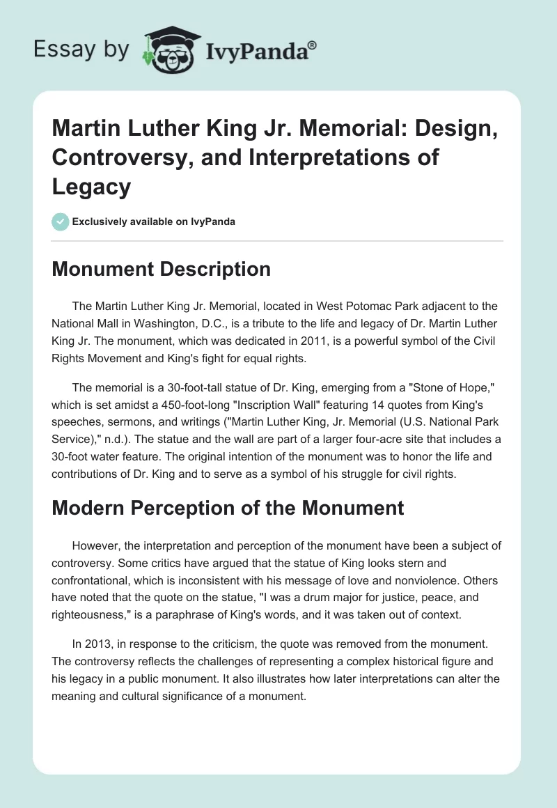 Martin Luther King Jr. Memorial: Design, Controversy, and Interpretations of Legacy. Page 1