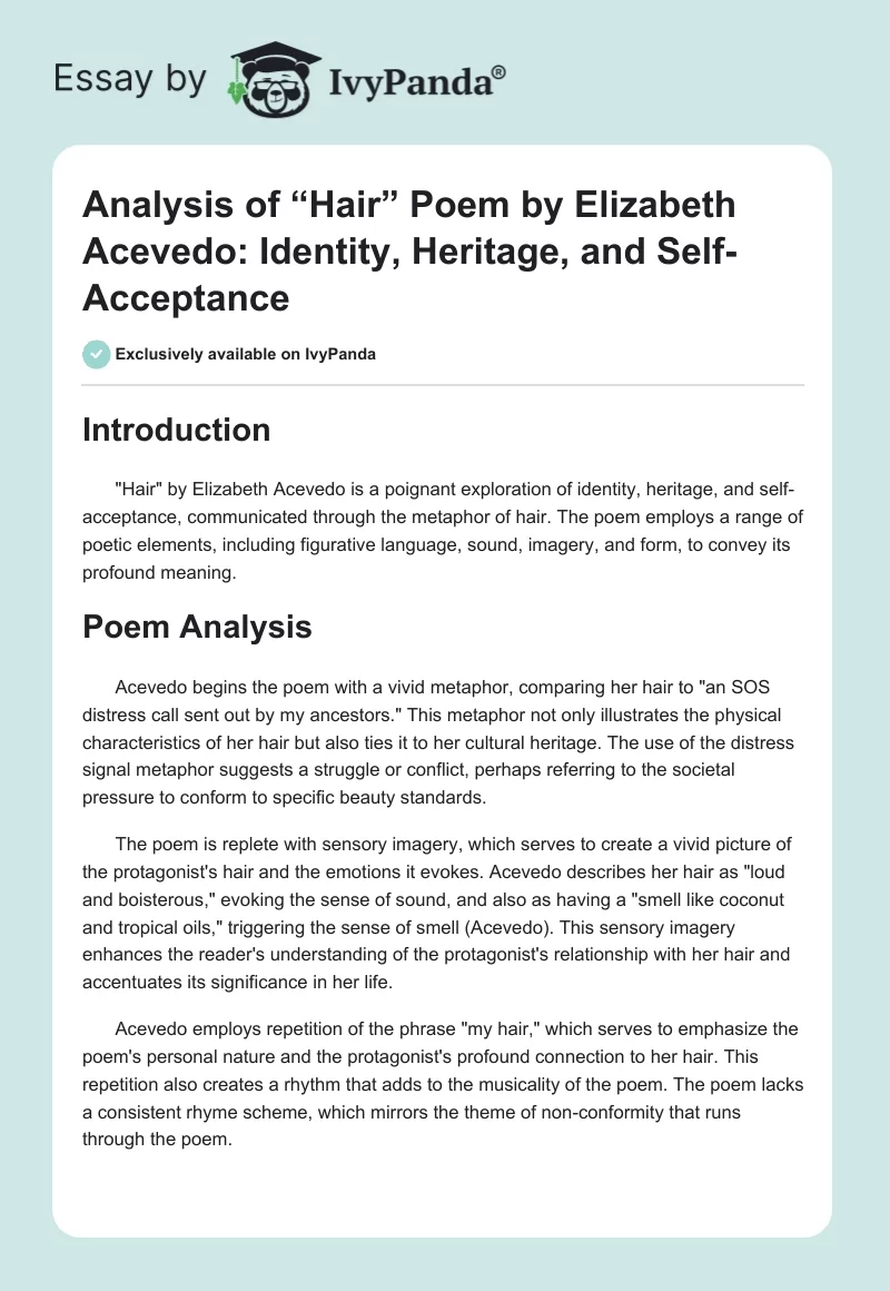 Analysis of “Hair” Poem by Elizabeth Acevedo: Identity, Heritage, and Self-Acceptance. Page 1