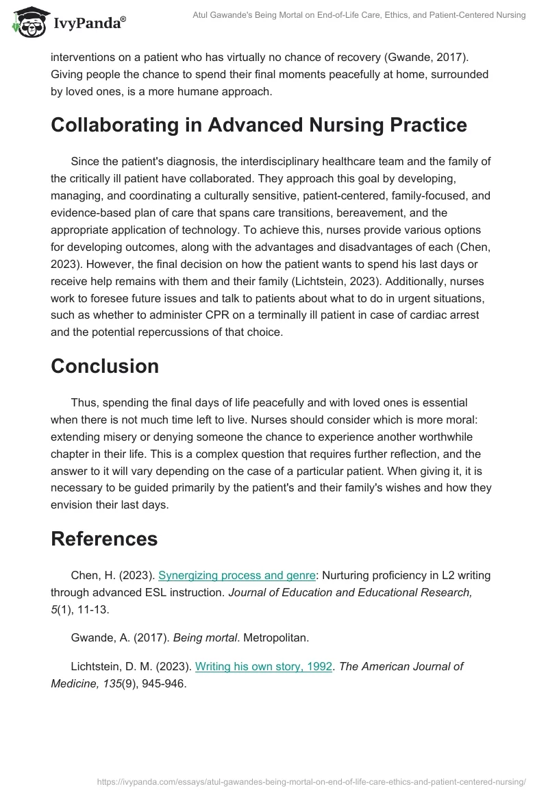 Atul Gawande's Being Mortal on End-of-Life Care, Ethics, and Patient-Centered Nursing. Page 2